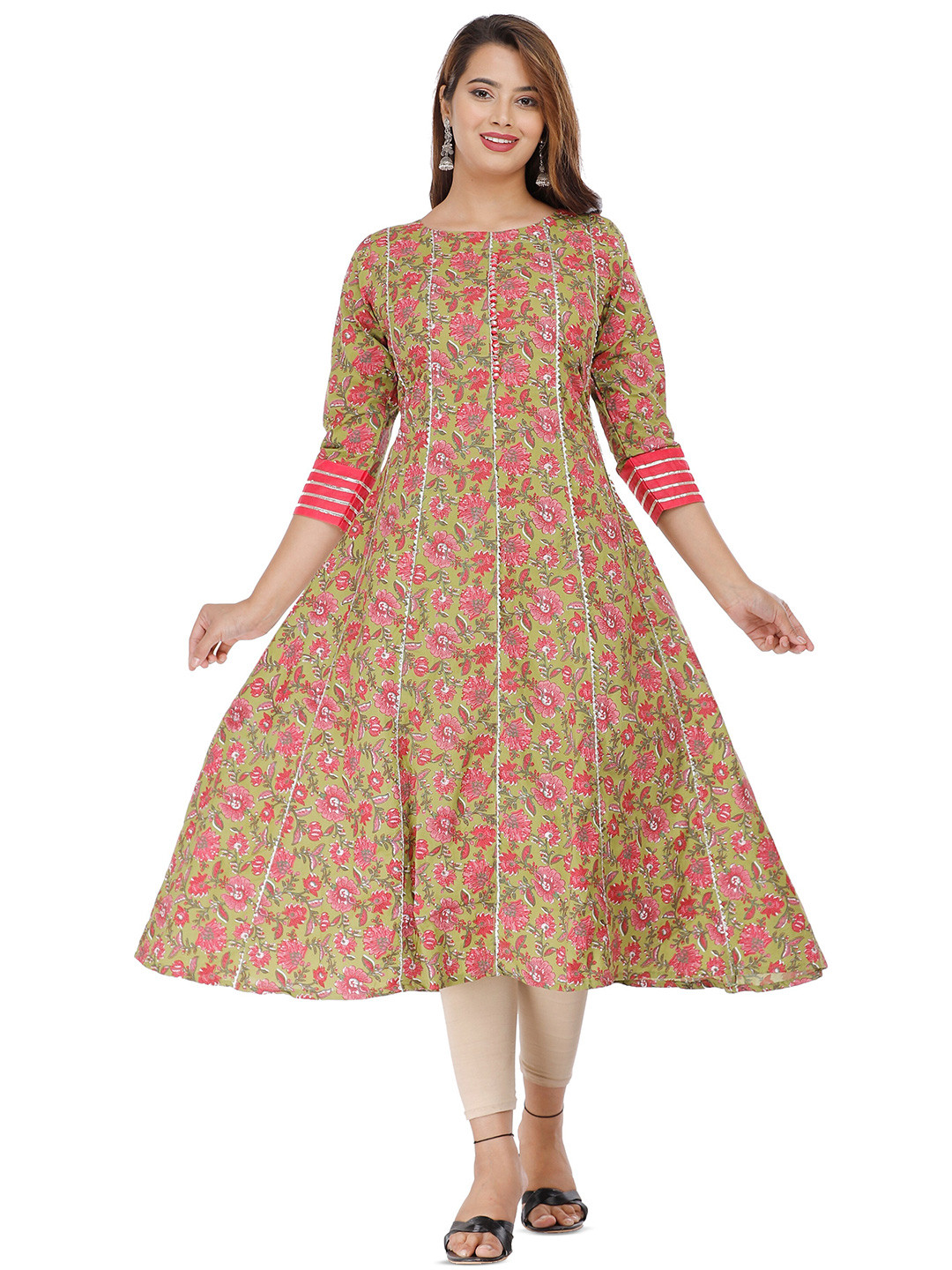 

HIGHLIGHT FASHION EXPORT Floral Print Round Neck Three-Quarter Sleeves Anarkali Kurta, Green