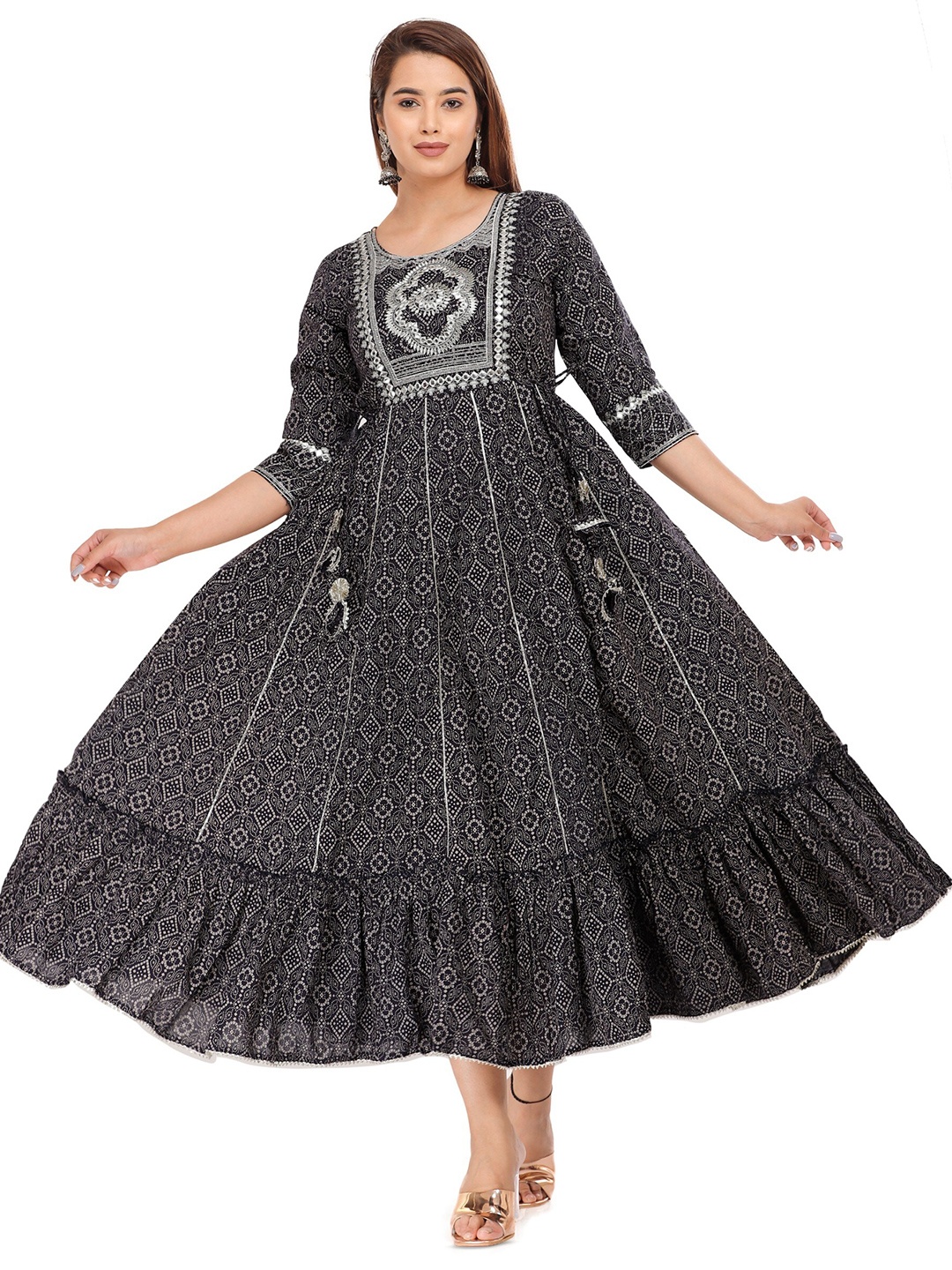 

HIGHLIGHT FASHION EXPORT Ethnic Motifs Print Cotton Fit & Flare Midi Dress, Navy blue