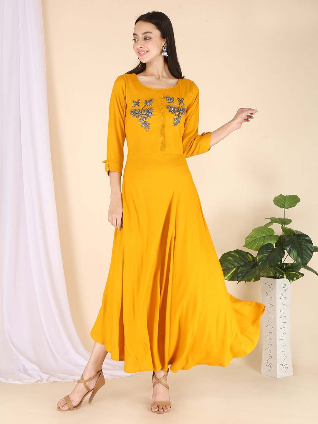 

HIGHLIGHT FASHION EXPORT Floral Embellished Maxi Ethnic Dress, Yellow