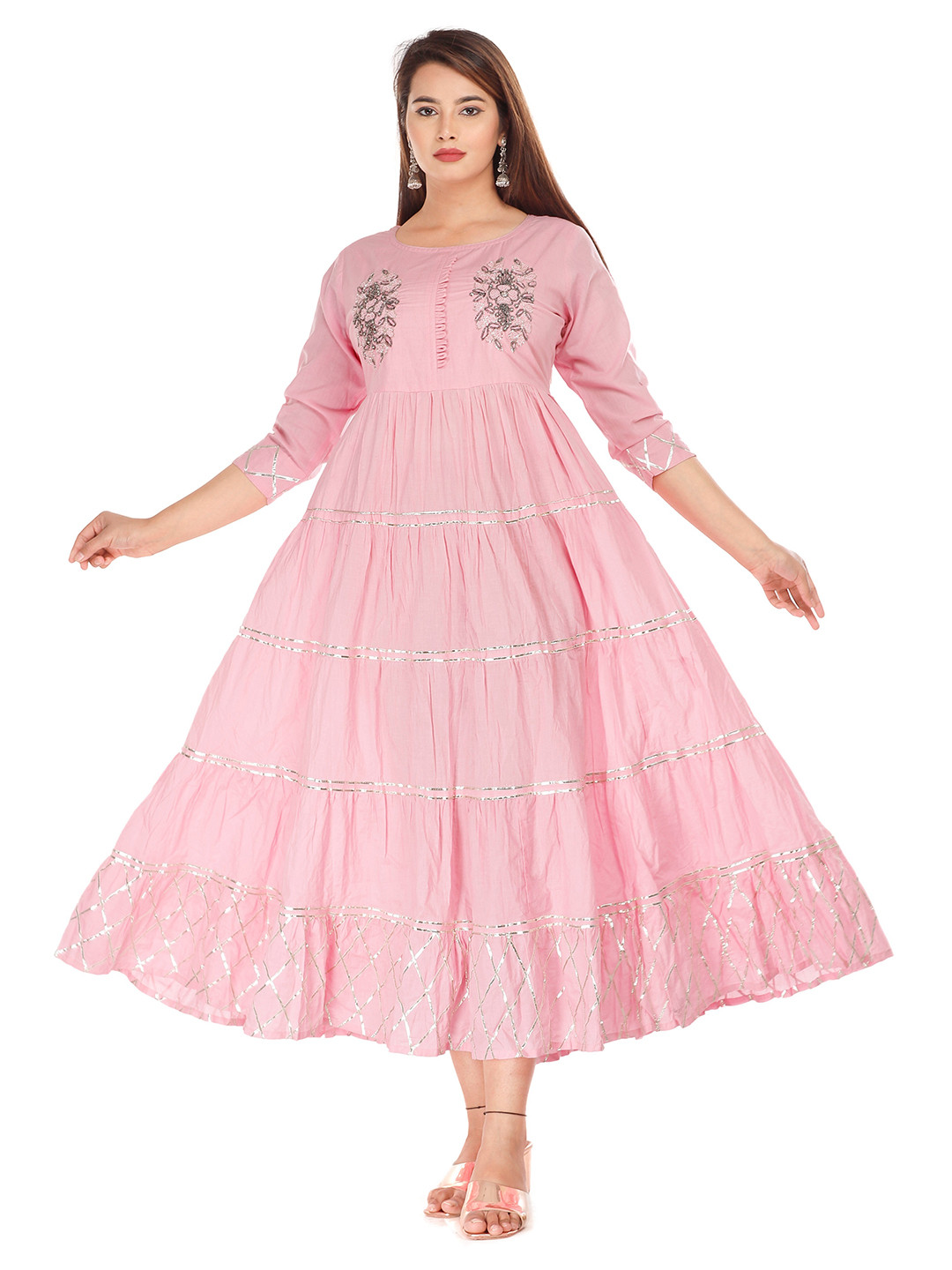 

HIGHLIGHT FASHION EXPORT Floral Printed Round Neck Three-Quarter Sleeves Cotton Dress, Pink