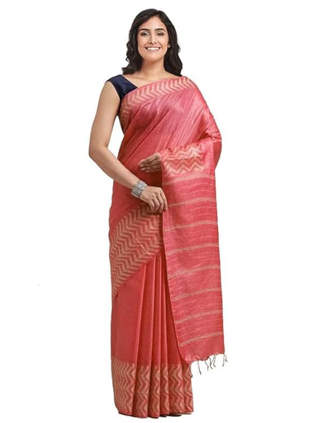 

INDIA SILK PWCS LTD Zari Art Silk Bhagalpuri Saree, Coral