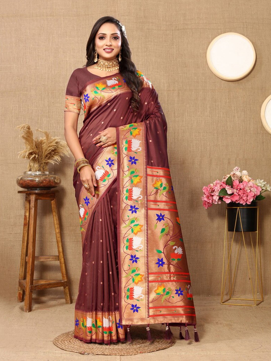 

Ekta Textiles Floral Woven Design Zari Pure Silk Paithani Saree, Coffee brown