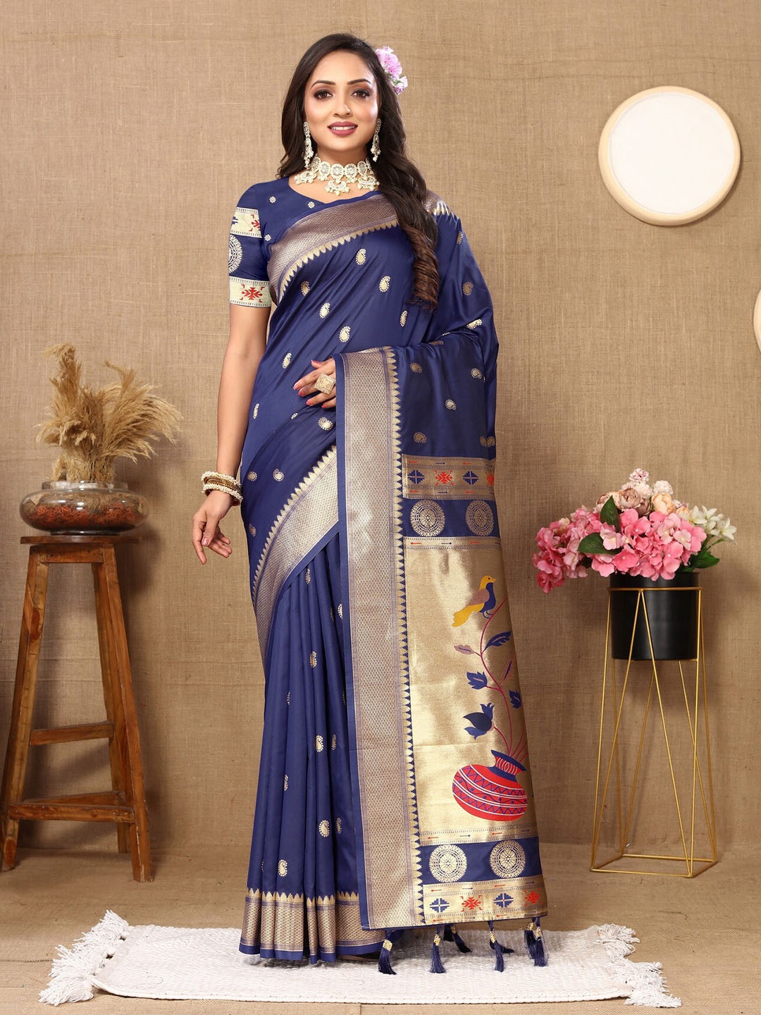 

Ekta Textiles Ethnic Motifs Woven Design Zari Pure Silk Paithani Saree, Navy blue