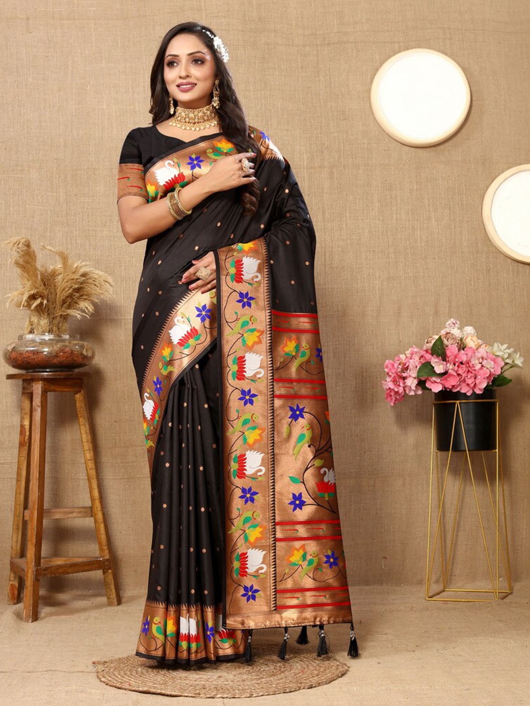 

Ekta Textiles Polka Dots Woven Design Zari Pure Silk Paithani Banarasi Saree, Black