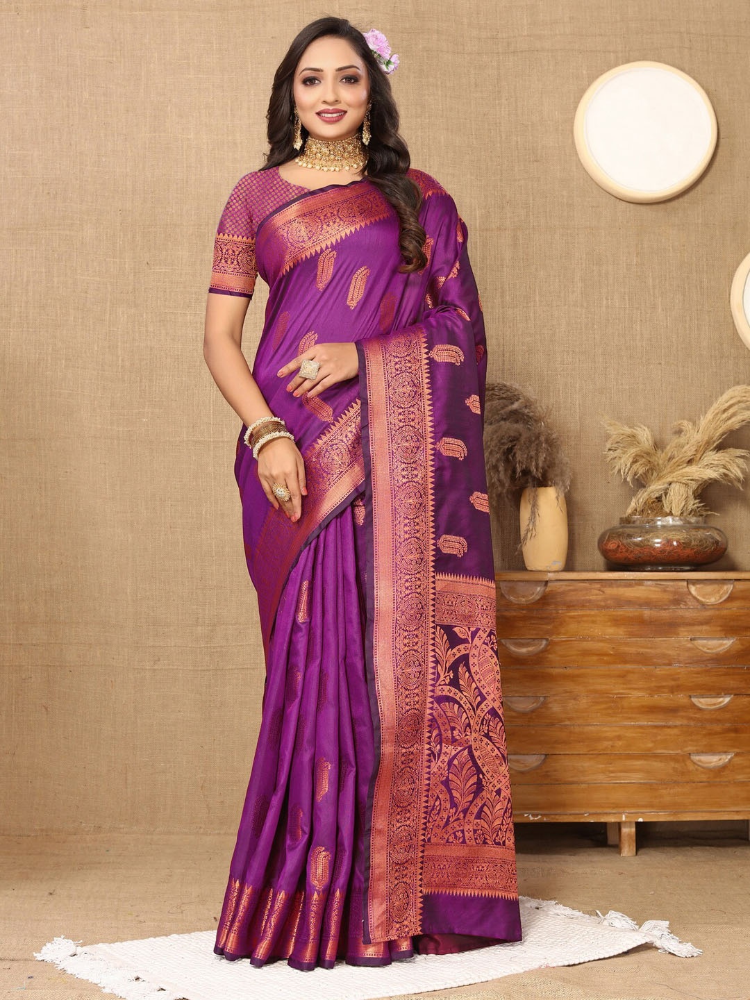 

Ekta Textiles Ethnic Motifs Woven Design Zari Pure Silk Banarasi Saree, Violet