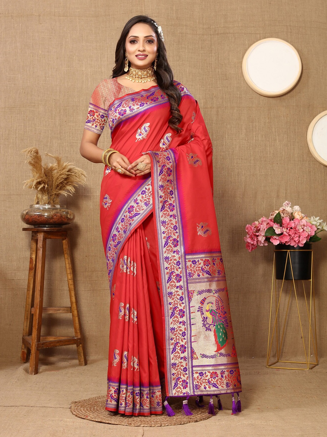 

Ekta Textiles Ethnic Motifs Woven Design Zari Pure Silk Paithani Saree, Red