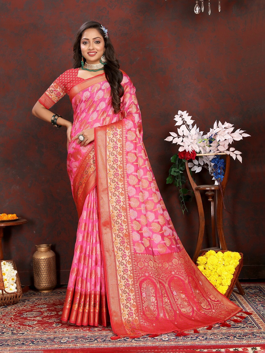 

Ekta Textiles Ethnic Motifs Zari Organza Banarasi Saree, Coral