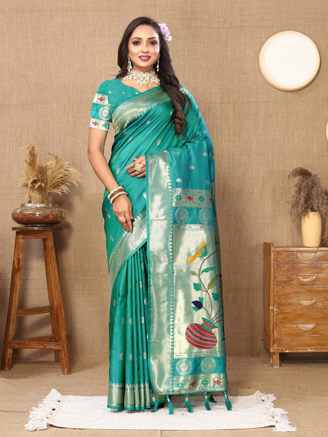 

Ekta Textiles Ethnic Motifs Woven Design Zari Pure Silk Paithani Saree, Turquoise blue