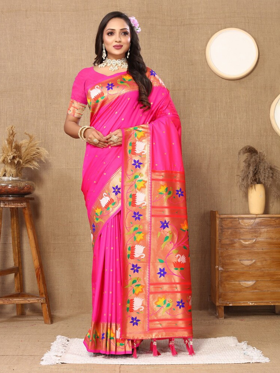 

Ekta Textiles Polka Dots Woven Design Zari Pure Silk Paithani Banarasi Saree, Pink