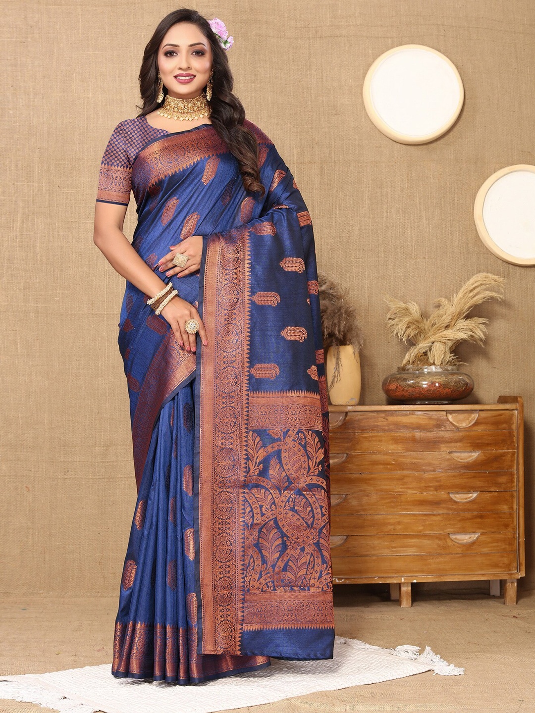 

Ekta Textiles Ethnic Motifs Woven Design Zari Pure Silk Banarasi Saree, Blue