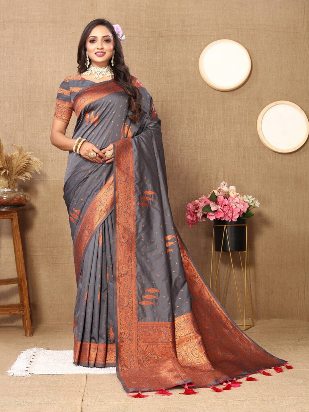 

Ekta Textiles Ethnic Motifs Woven Design Zari Pure Silk Banarasi Saree, Grey