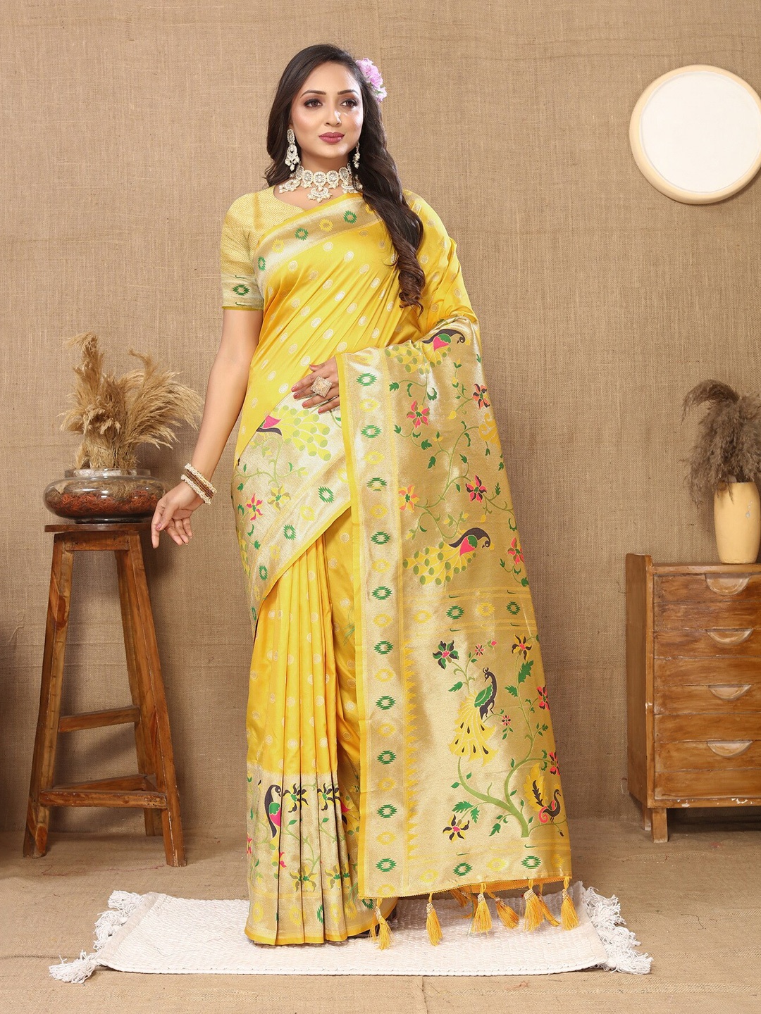 

Ekta Textiles Ethnic Motifs Woven Design Zari Pure Silk Paithani Saree, Yellow