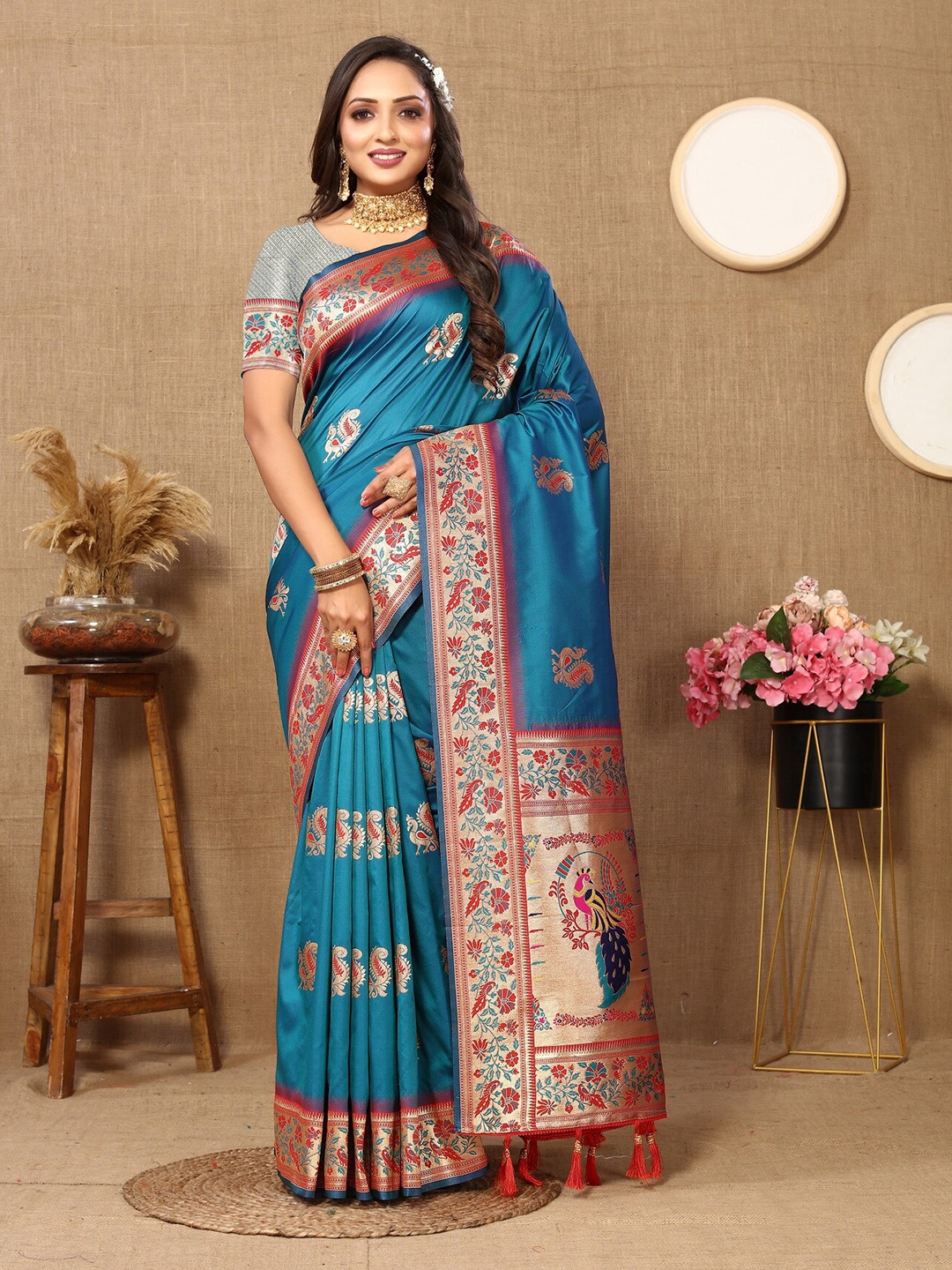 

Ekta Textiles Ethnic Motifs Woven Design Zari Pure Silk Paithani Saree, Turquoise blue