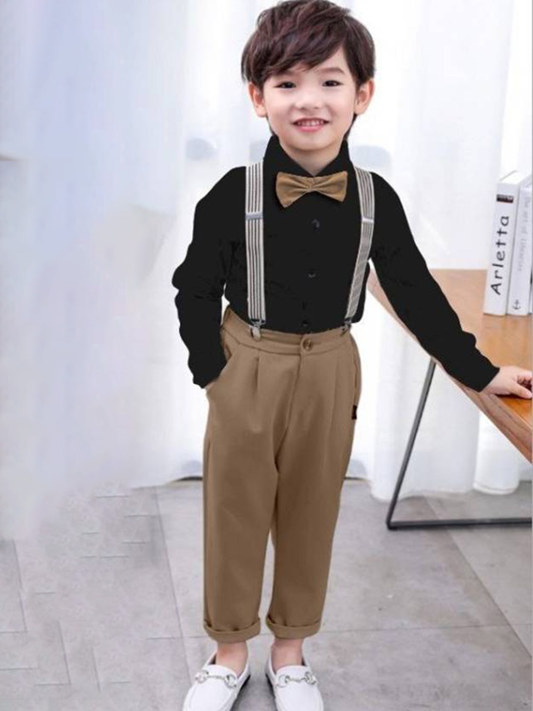 

BAESD Boys Mandarin Collar Shirt & Trousers With Suspenders, Black