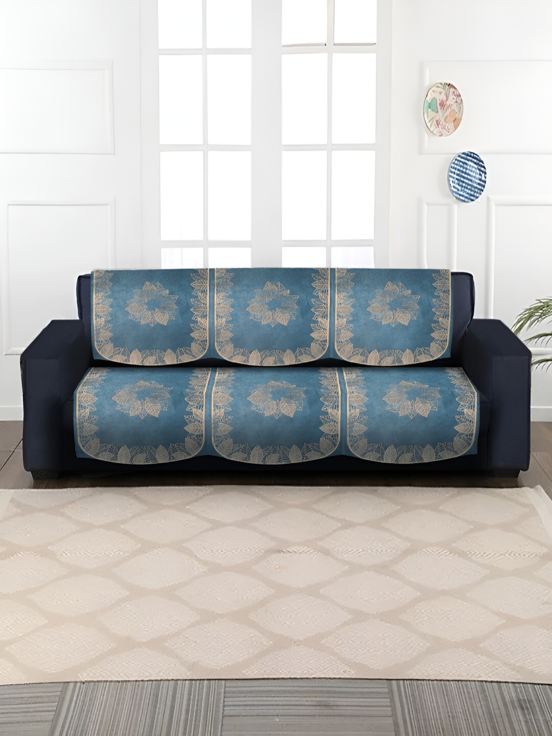

HOSTA HOMES Blue & Gold-Toned 6 Pieces Solid Velvet 3 Seater Sofa Cover