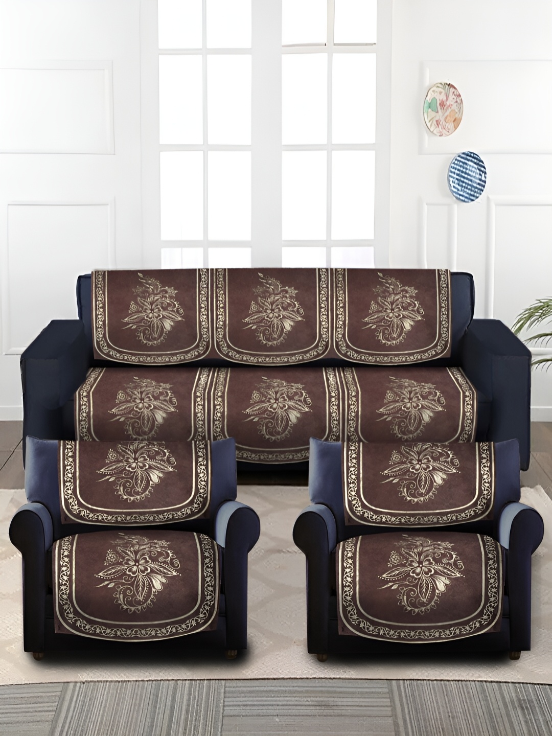 

HOSTA HOMES Coffee Brown & Cream 6 Pieces Floral Printed 5 Seater Velvet Sofa Covers