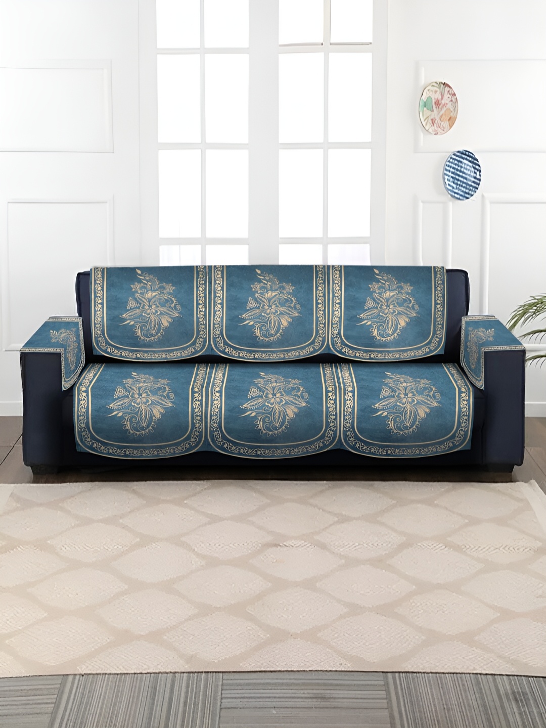 

HOSTA HOMES Blue & Beige 4 Pieces Floral Printed Velvet 3 Seater Sofa Covers