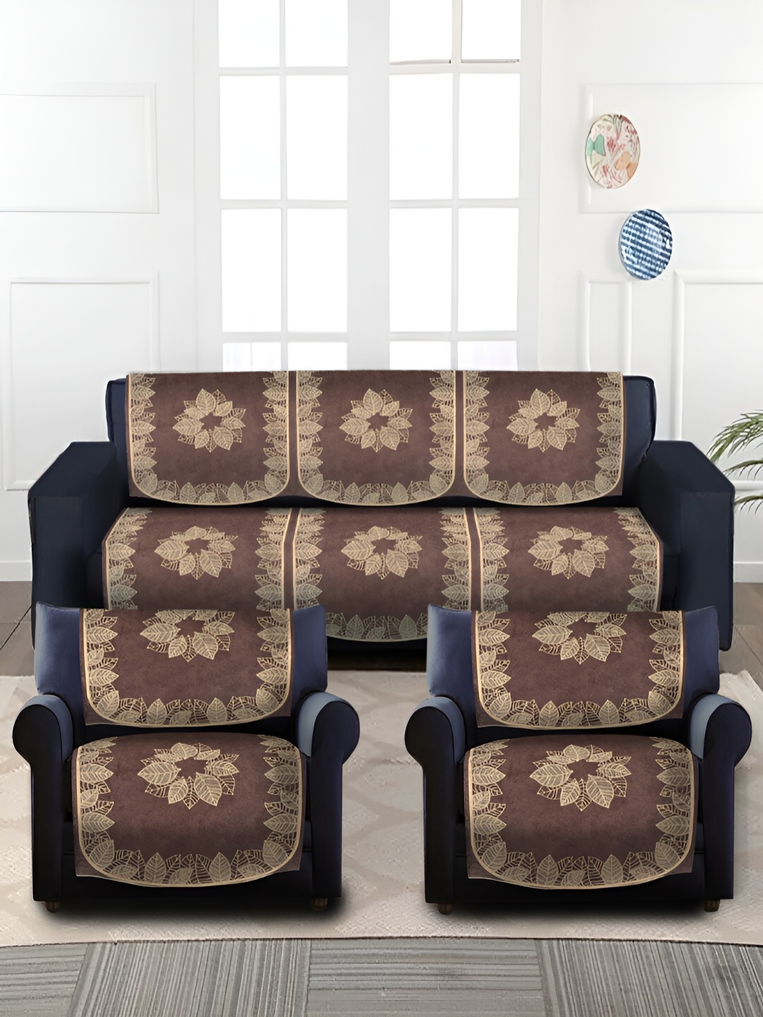 

HOSTA HOMES Coffee Brown & Beige 6 Pieces Floral Printed Velvet 5 Seater Sofa Covers
