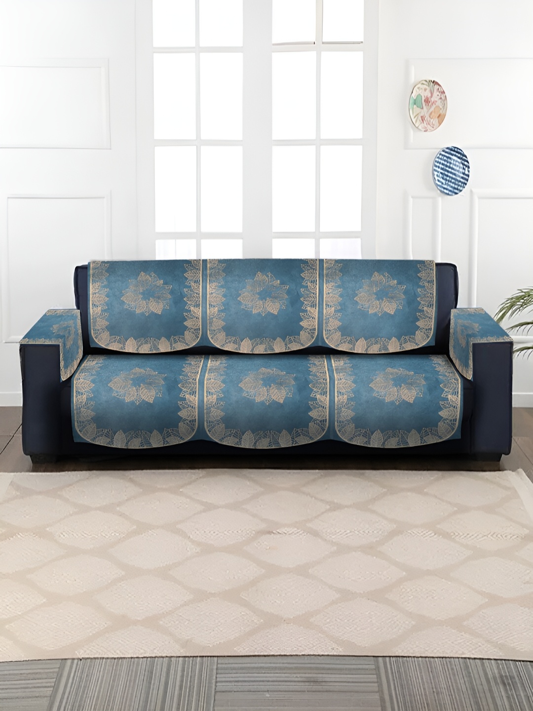 

HOSTA HOMES Blue & Gold-Toned 8 Pieces Printed Velvet 3 Seater Sofa Cover With Arms