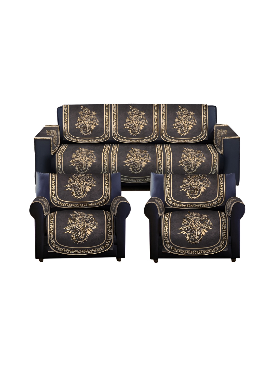 

HOSTA HOMES Black & Beige 16 Pieces Printed Velvet 5 Seater Sofa Cover With Arms