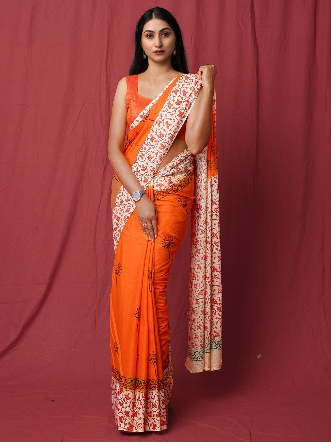 

Unnati Silks Ethnic Motifs Printed Pure Cotton Block Print Saree, Orange