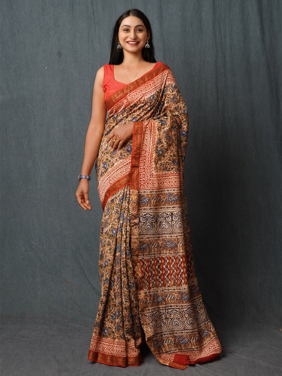 

Unnati Silks Floral Printed Zari Silk Cotton Handloom Maheshwari Saree, Brown