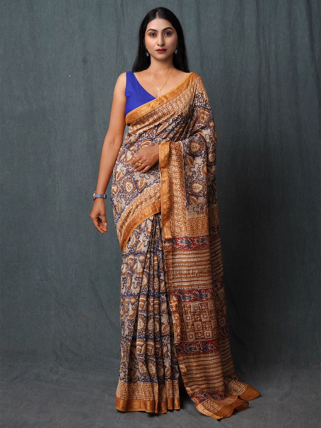 

Unnati Silks Ethnic Motifs Printed Zari Silk Cotton Maheshwari Saree, Blue