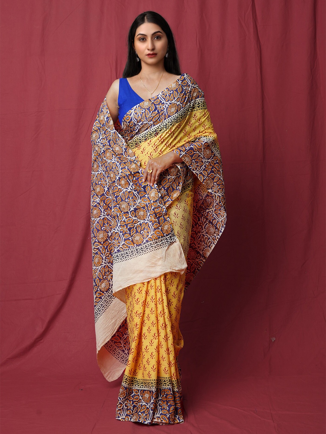 

Unnati Silks Hand Block Printed Soft Cotton Saree, Yellow