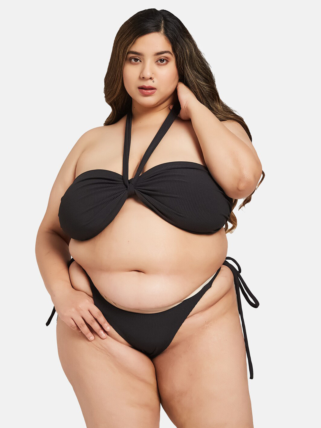 

Curves By ZeroKaata Plus Size Ribbed Halter Neck Swim Bikini Set with Sarong, Black