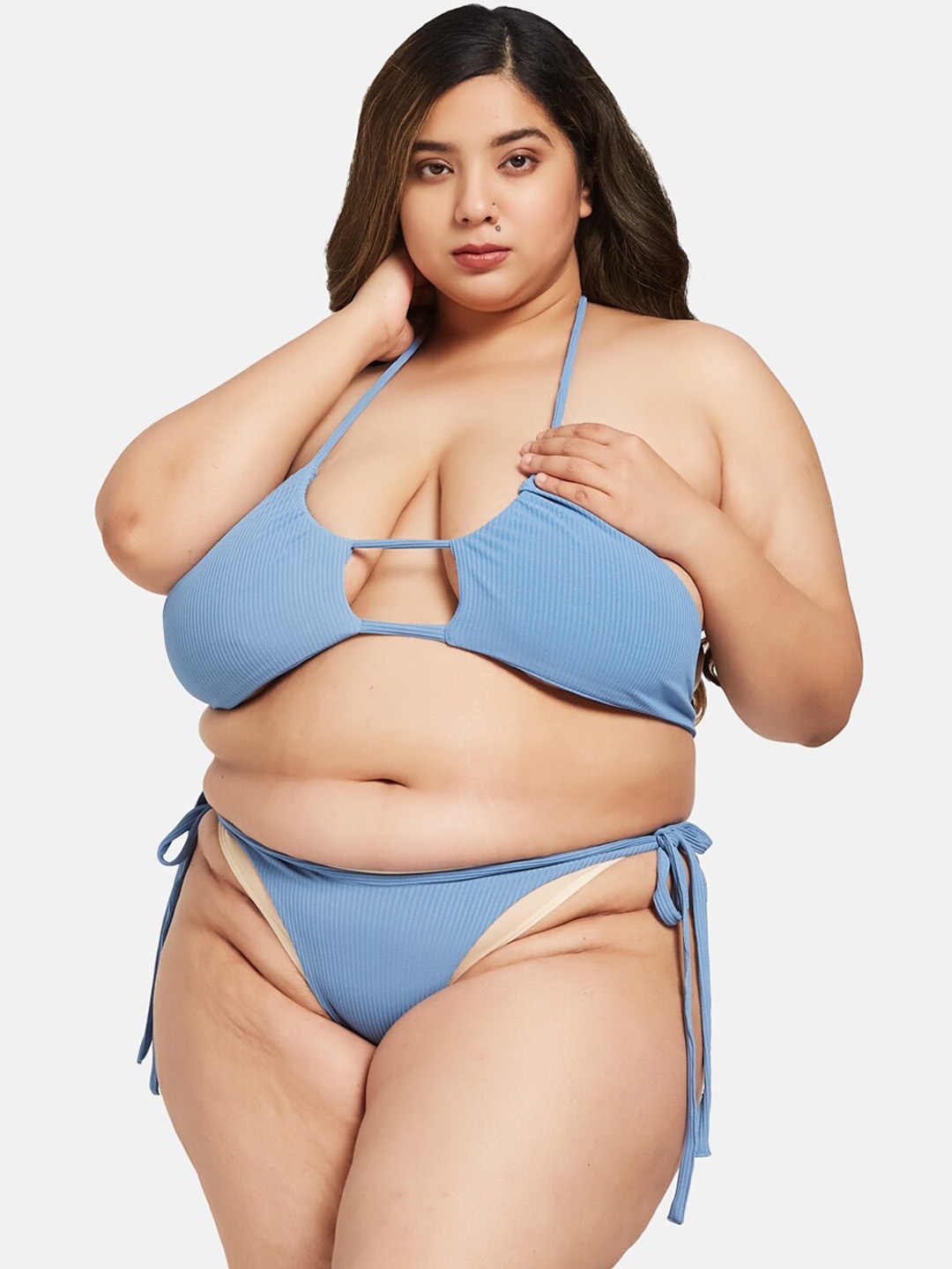 

Curves By ZeroKaata Plus Size Ribbed Swimwear Halter Neck Bikini Set with Sarong, Blue