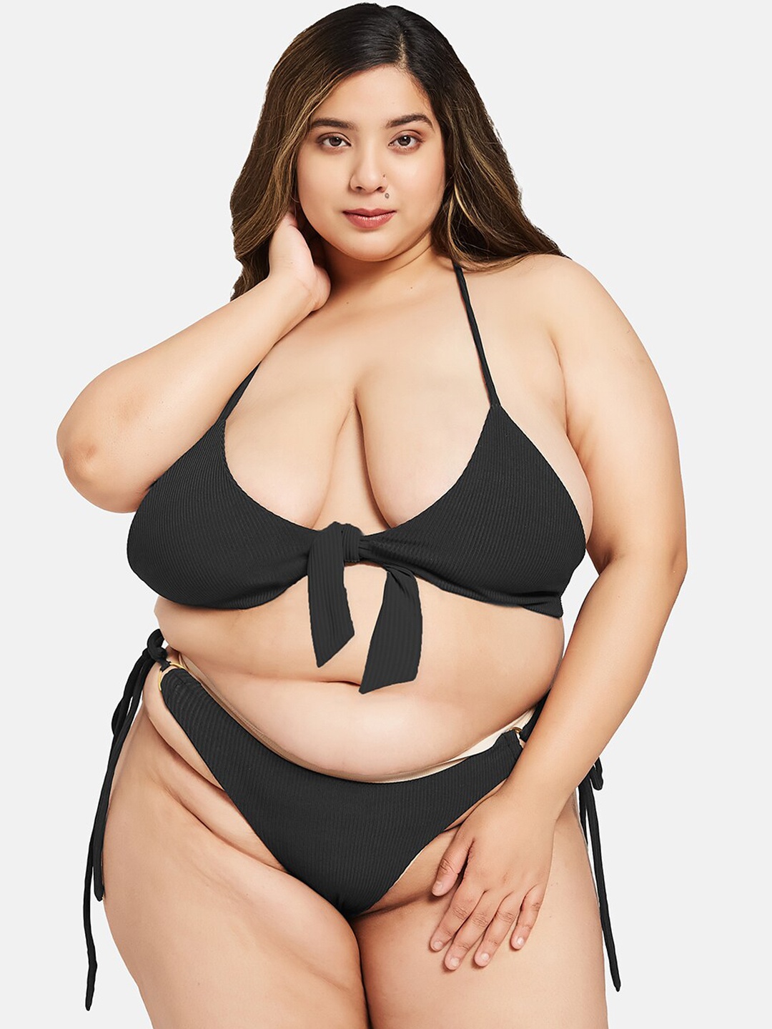 

Curves By ZeroKaata Plus Size Stretchable Ribbed Halter Neck Swim Bikini Set, Black