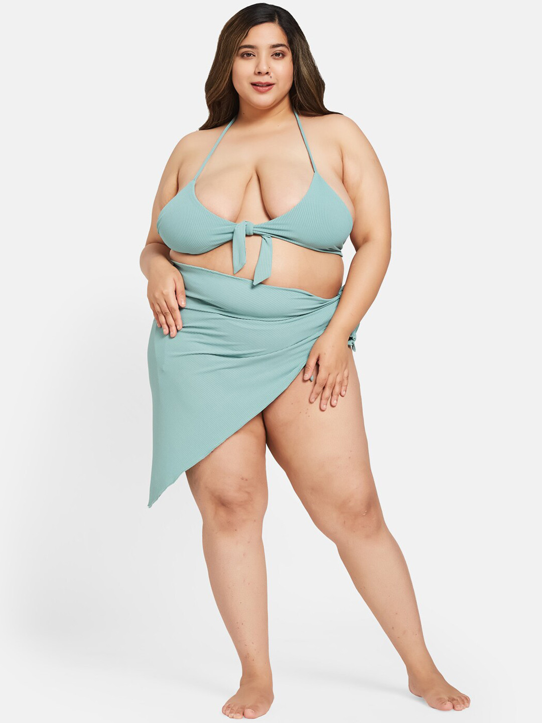 

Curves By ZeroKaata Plus Size Ribbed Swimwear Halter Neck Bikini Set with Sarong, Sea green