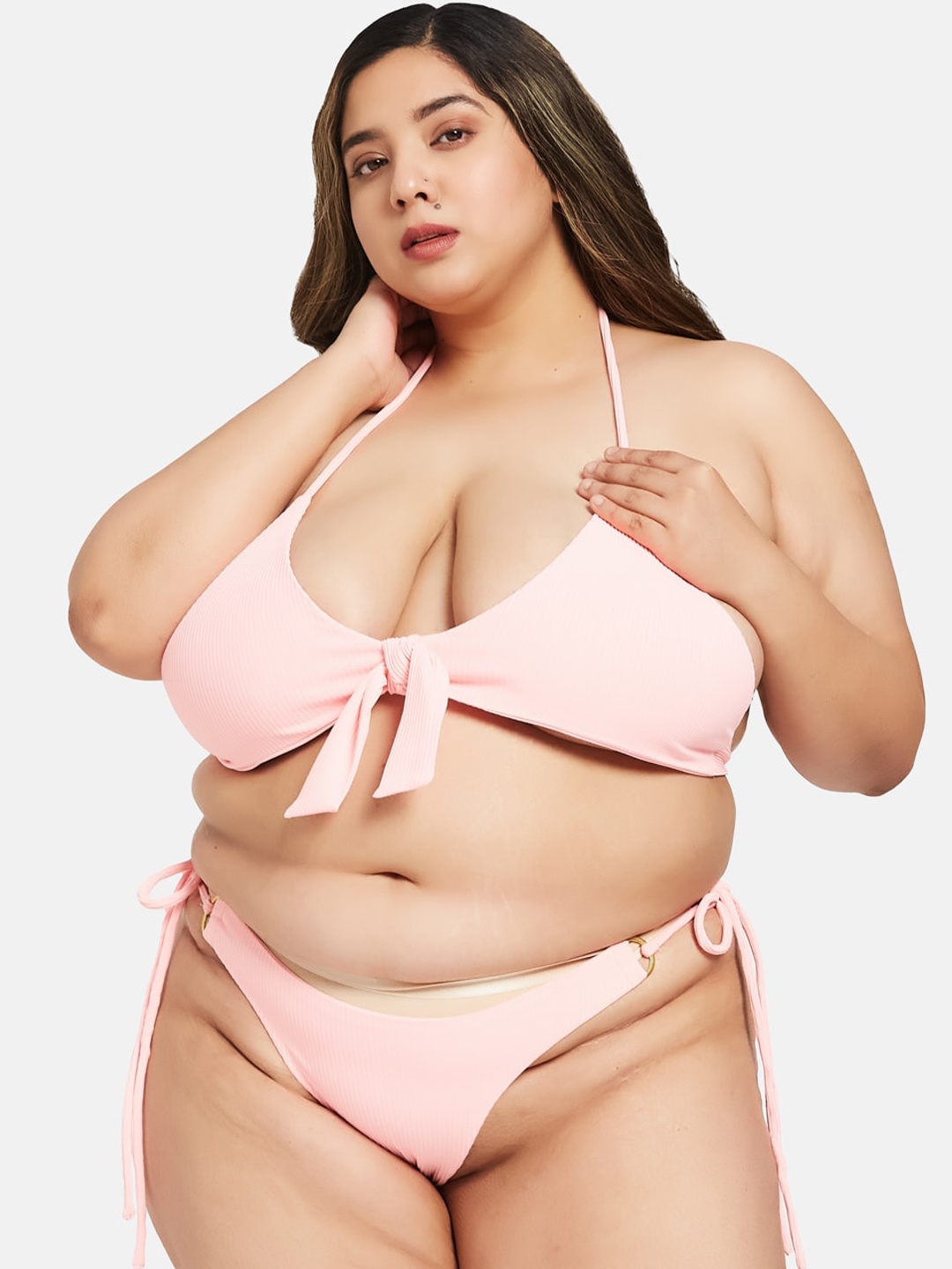 

Curves By ZeroKaata Plus Size Ribbed Halter Neck Swim Bikini Set with Sarong, Pink