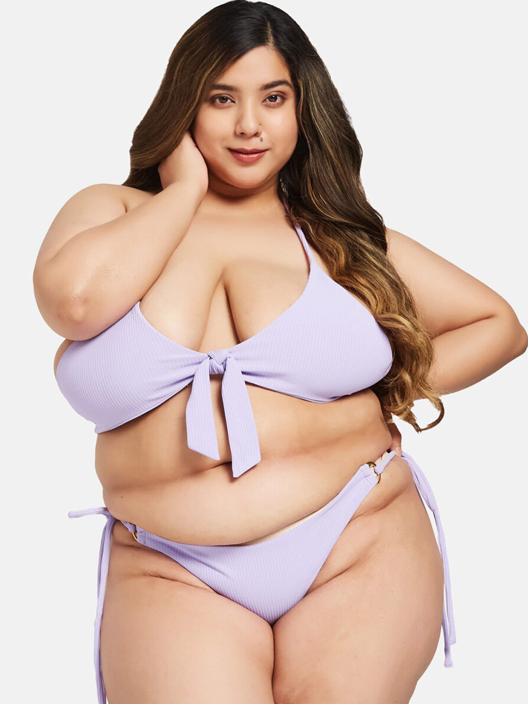 

Curves By ZeroKaata Plus Size Ribbed Stretchable Halter Neck Swim Bikini Set, Lavender