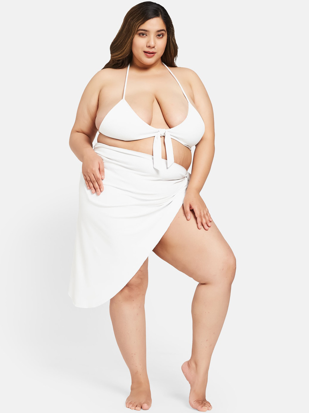 

Curves By ZeroKaata Plus Size Ribbed Swimwear Halter Neck Bikini Set with Sarong, White