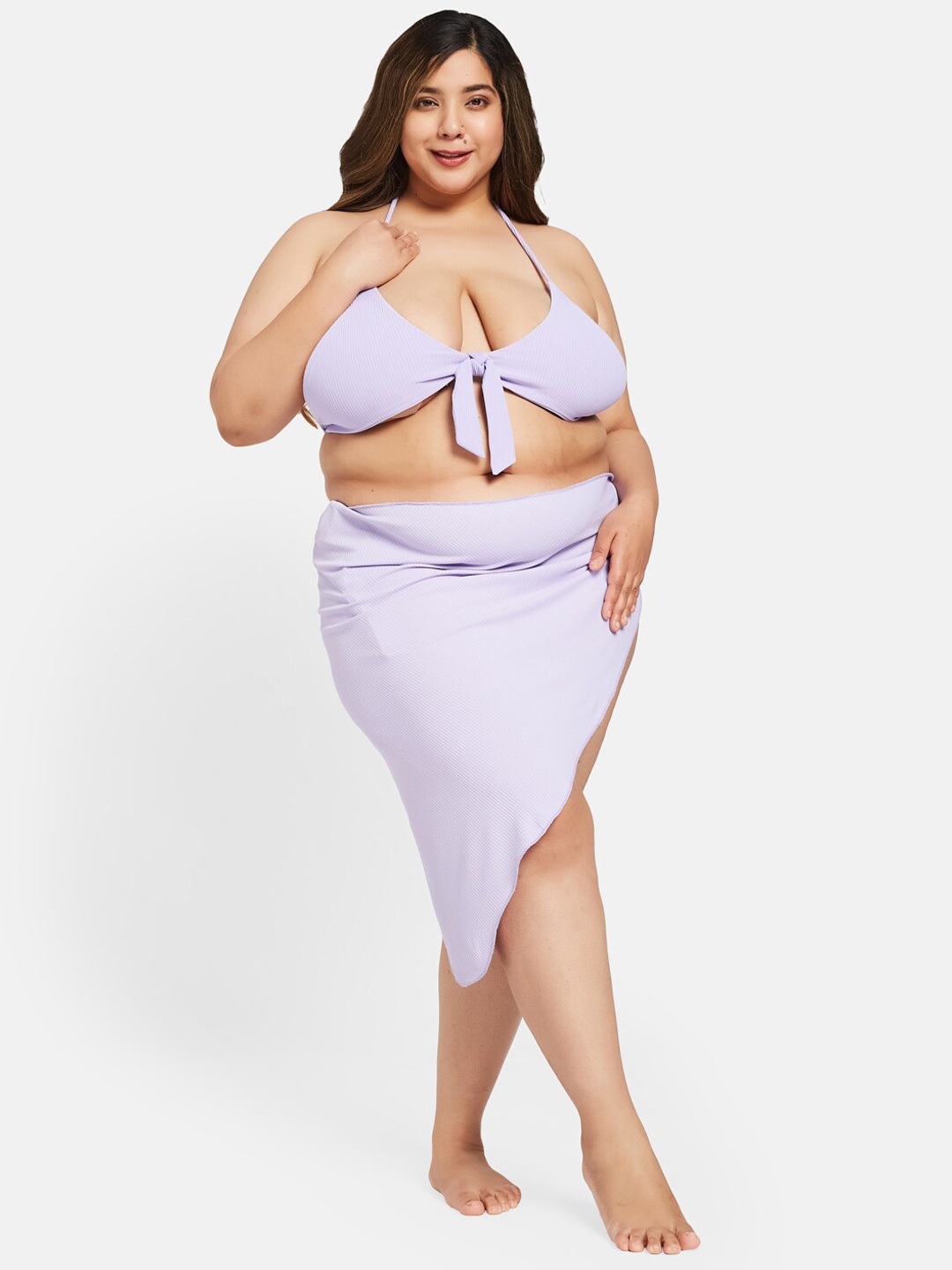 

Curves By ZeroKaata Plus Size Ribbed Halter Neck Swim Bikini Set, Lavender