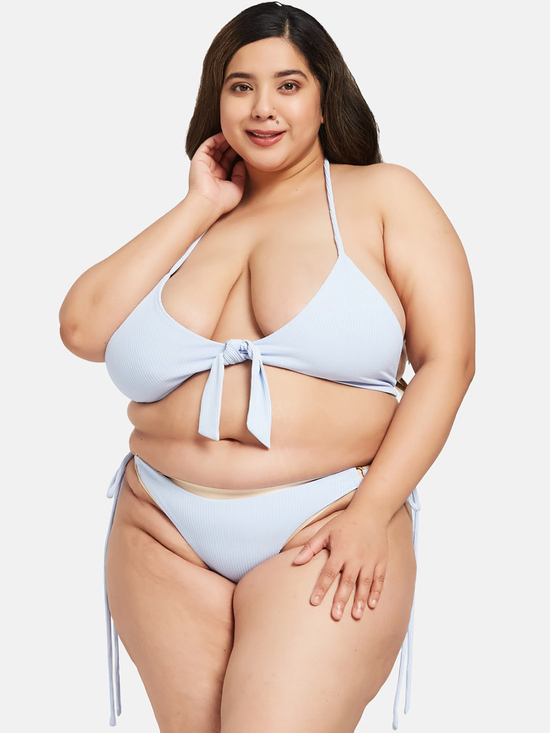 

Curves By ZeroKaata Plus Size Ribbed Halter Neck Swim Bikini Set with Sarong, Blue
