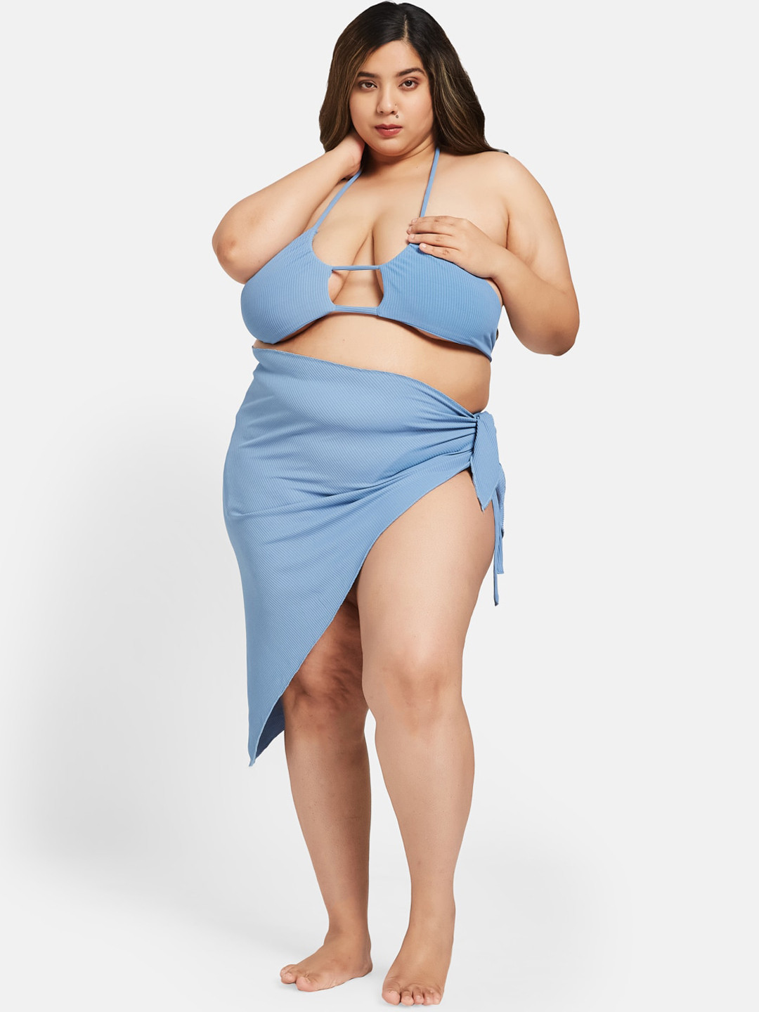 

Curves By ZeroKaata Plus Size Ribbed Swimwear Halter Neck Bikini Set with Sarong, Blue