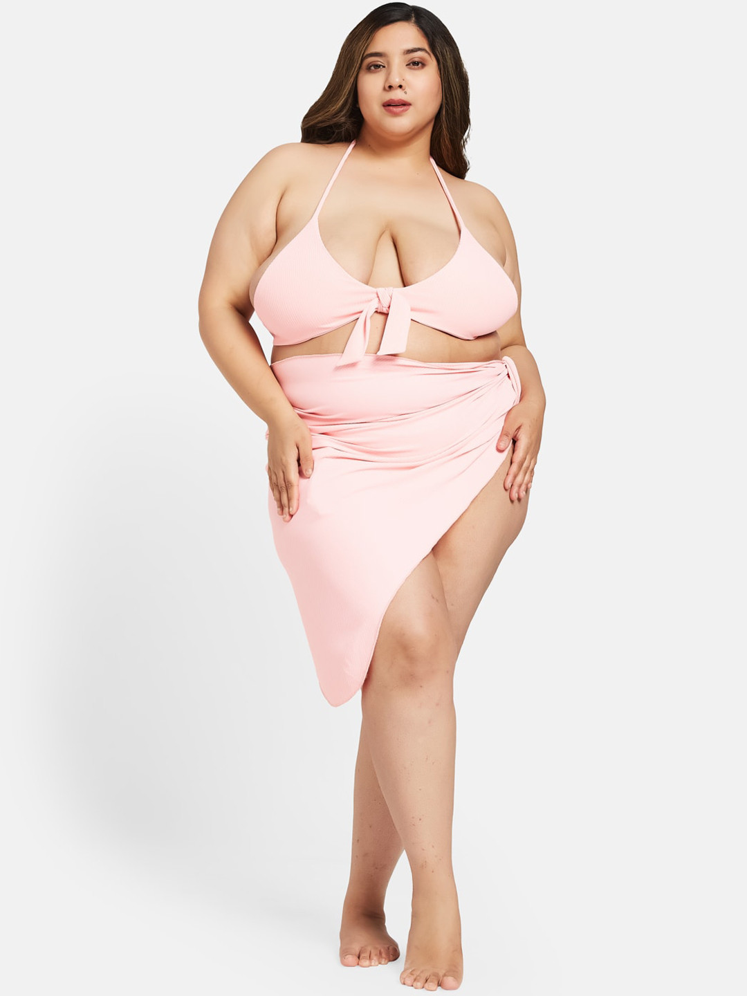 

Curves By ZeroKaata Plus Size Ribbed Swimwear Halter Neck Bikini Set with Sarong, Pink