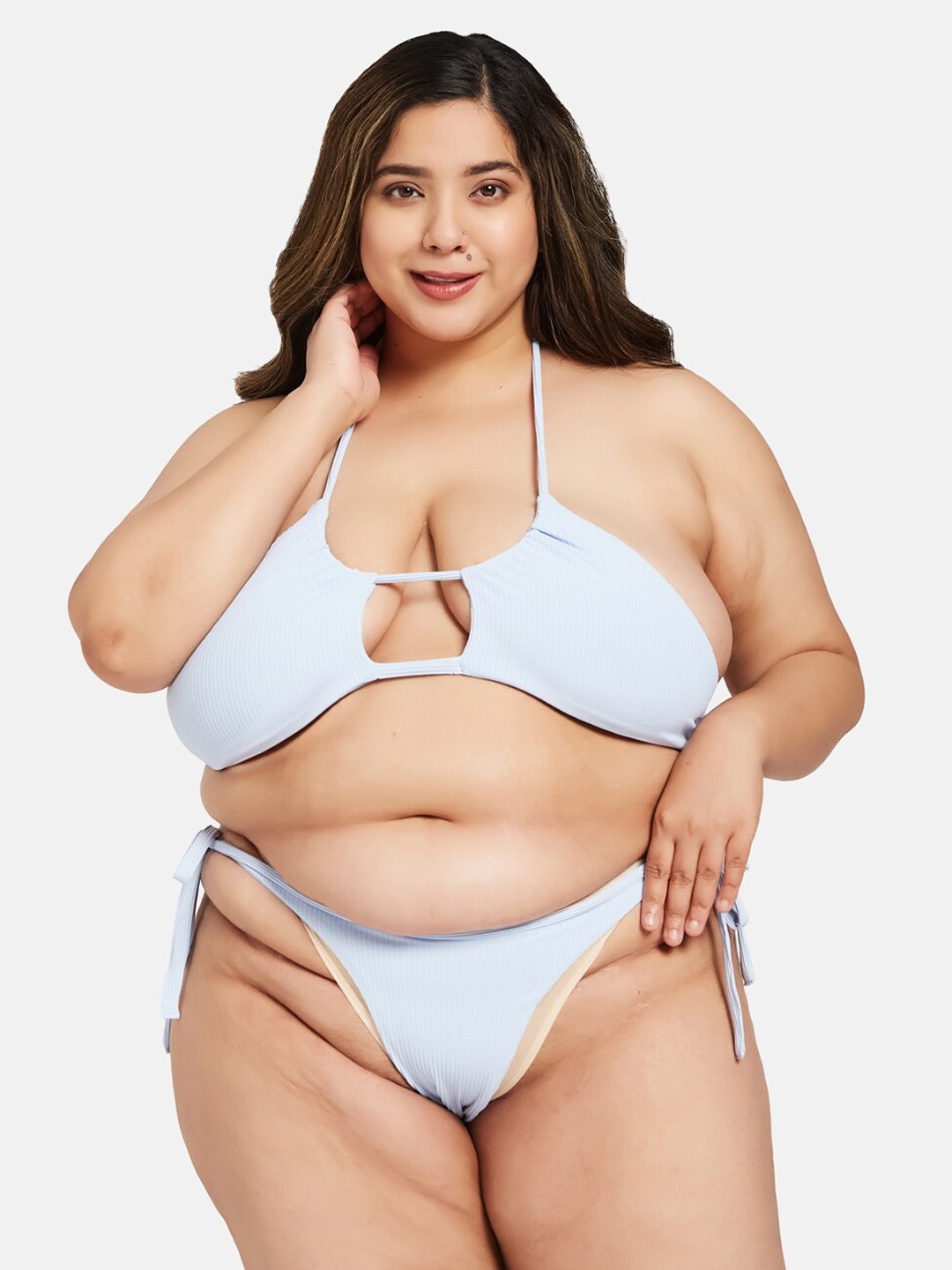 

Curves By ZeroKaata Plus Size Stretchable Ribbed Halter Swim Bikini Set, Blue
