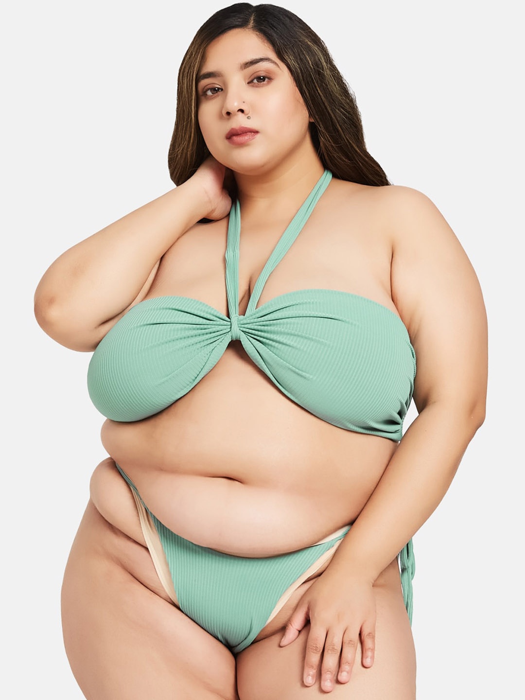 

Curves By ZeroKaata Plus Size Ribbed Halter Neck Swim Bikini Set with Sarong, Sea green