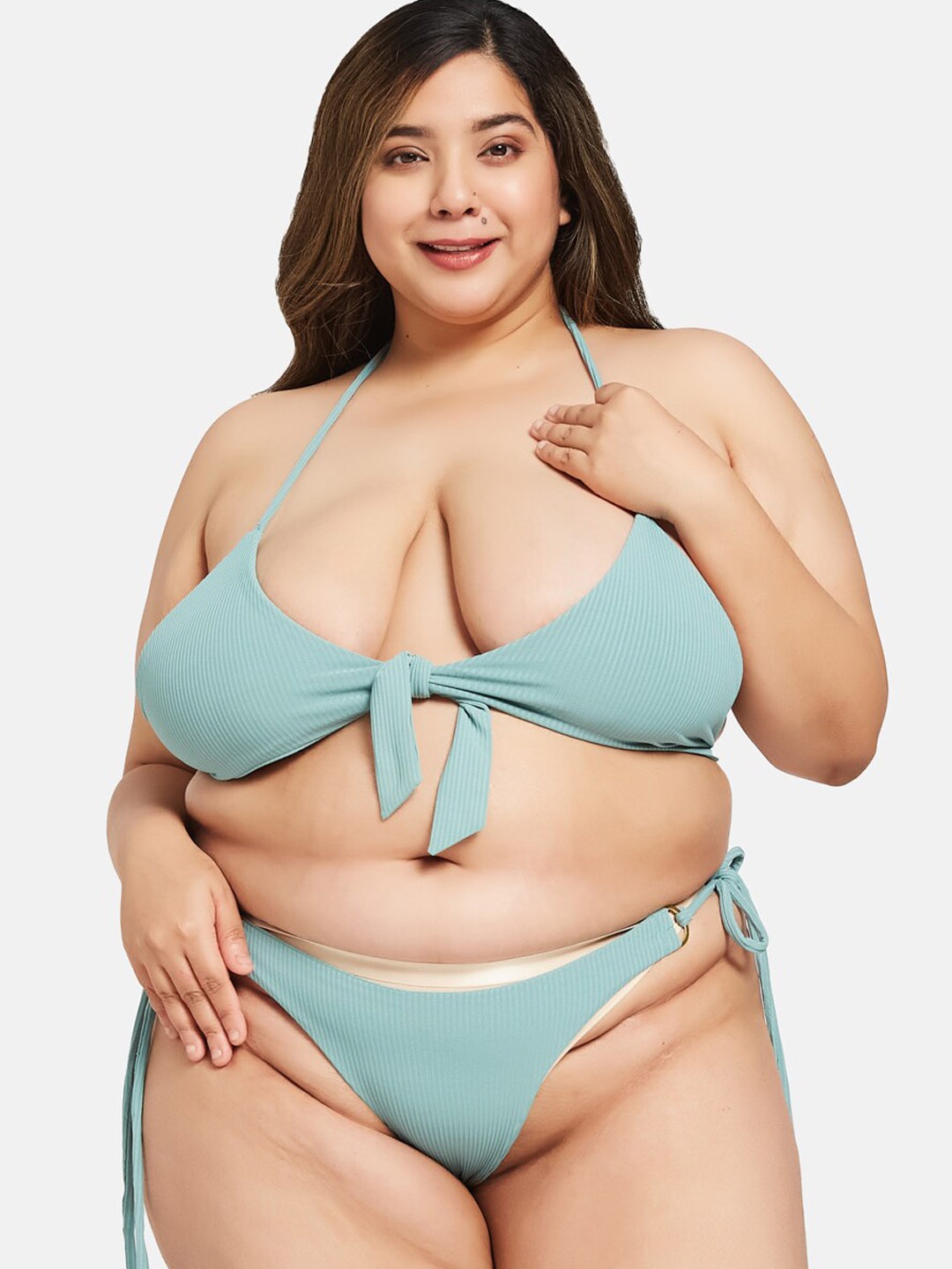 

Curves By ZeroKaata Plus Size Ribbed Halter Neck Swim Bikini Set with Sarong, Sea green
