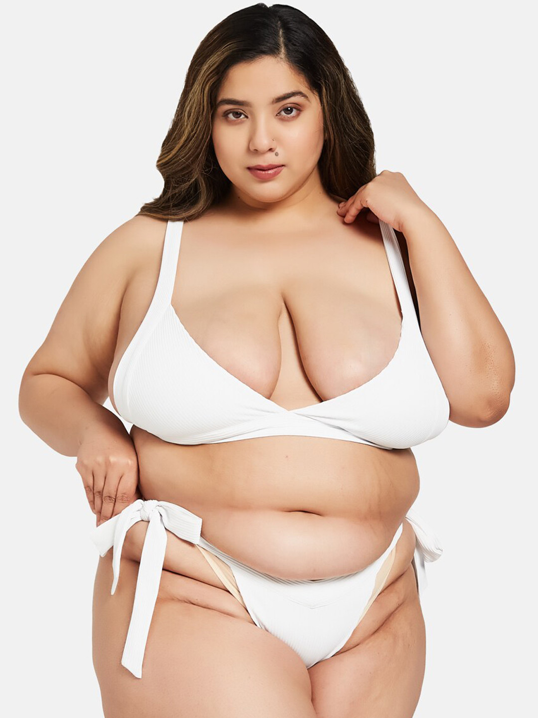 

Curves By ZeroKaata Plus Size Ribbed Halter Neck Swim Bikini Set with Sarong, White