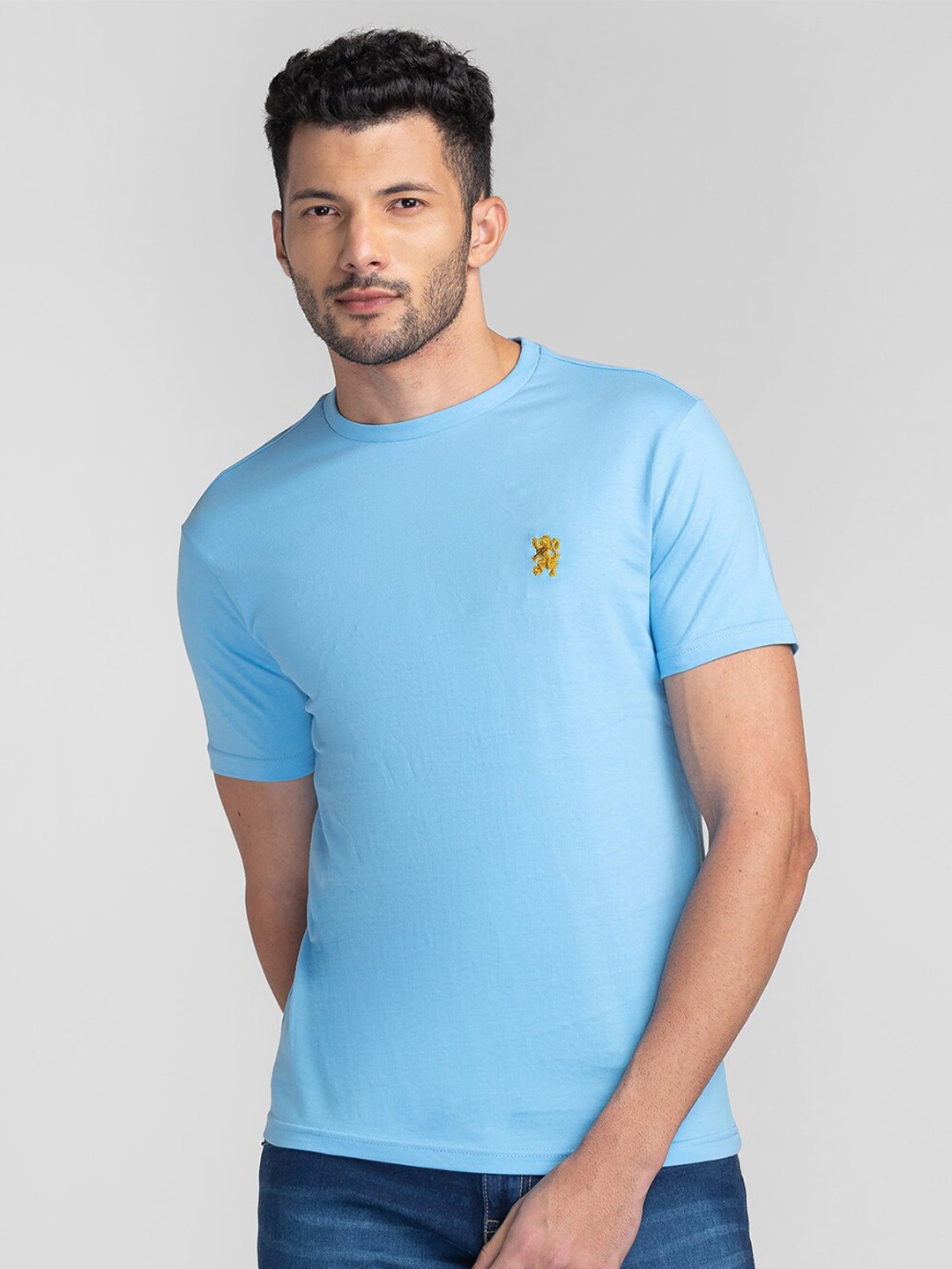 

GIORDANO Cotton Slim Fit Round Neck Applique T-shirt, Blue