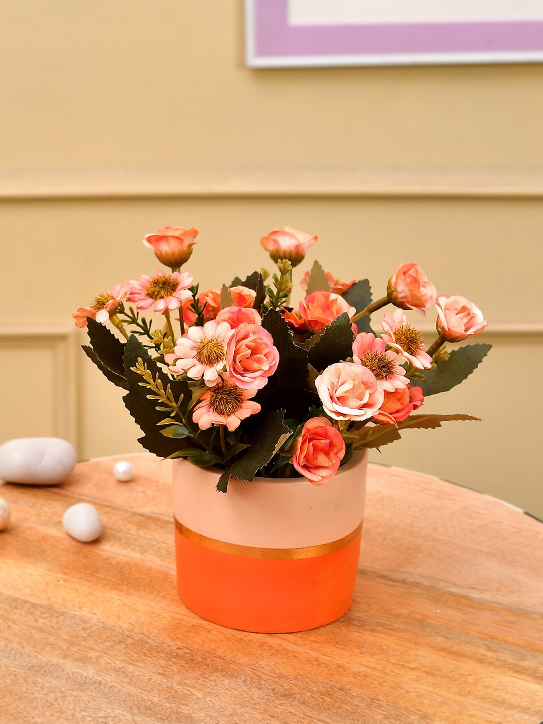 

TAYHAA Peach & Green Printed Daisy & Camellia Artificial Flower With Pot