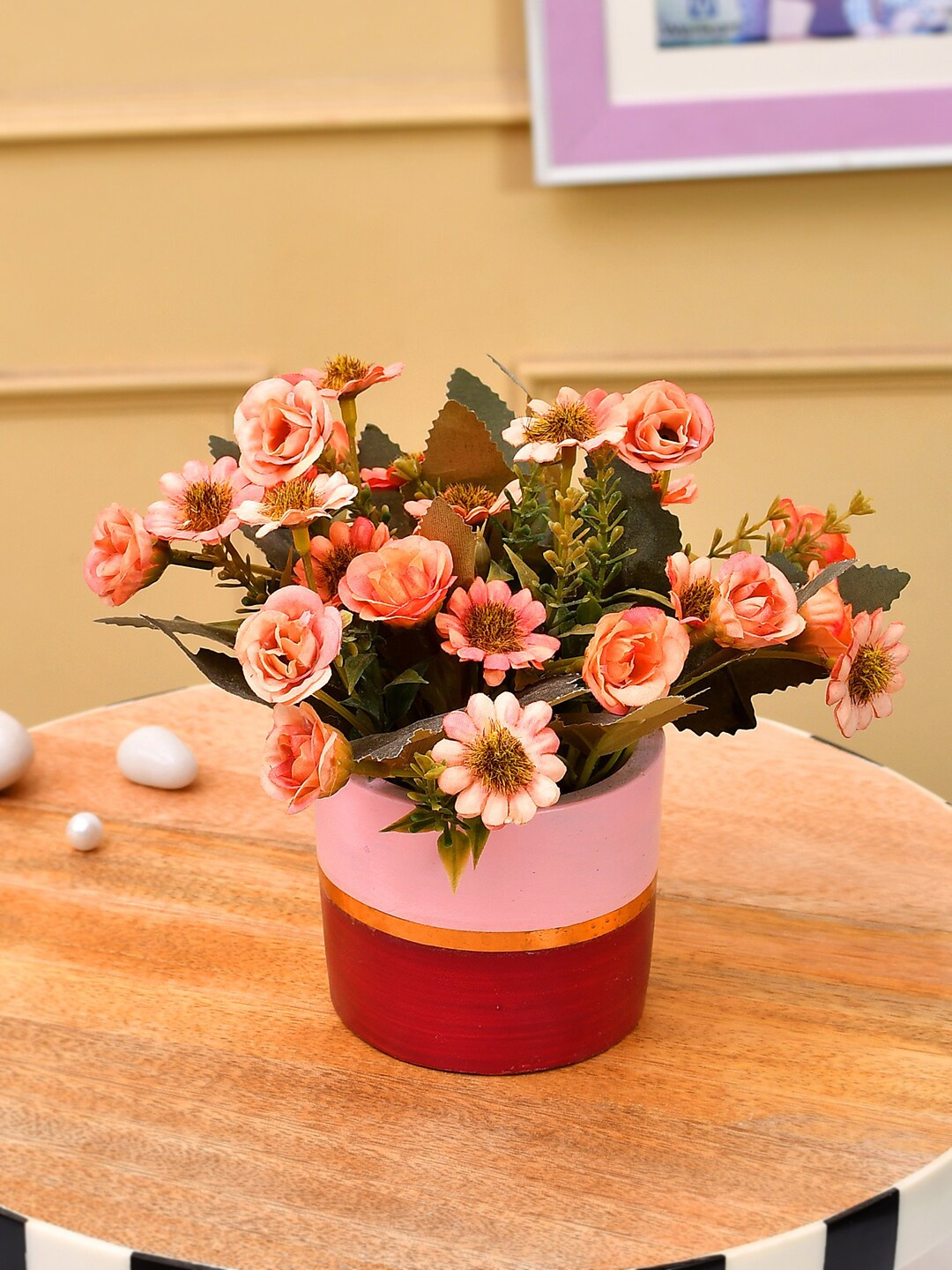 

TAYHAA Pink Green Printed Daisy & Camellia Artificial Flower With Pot