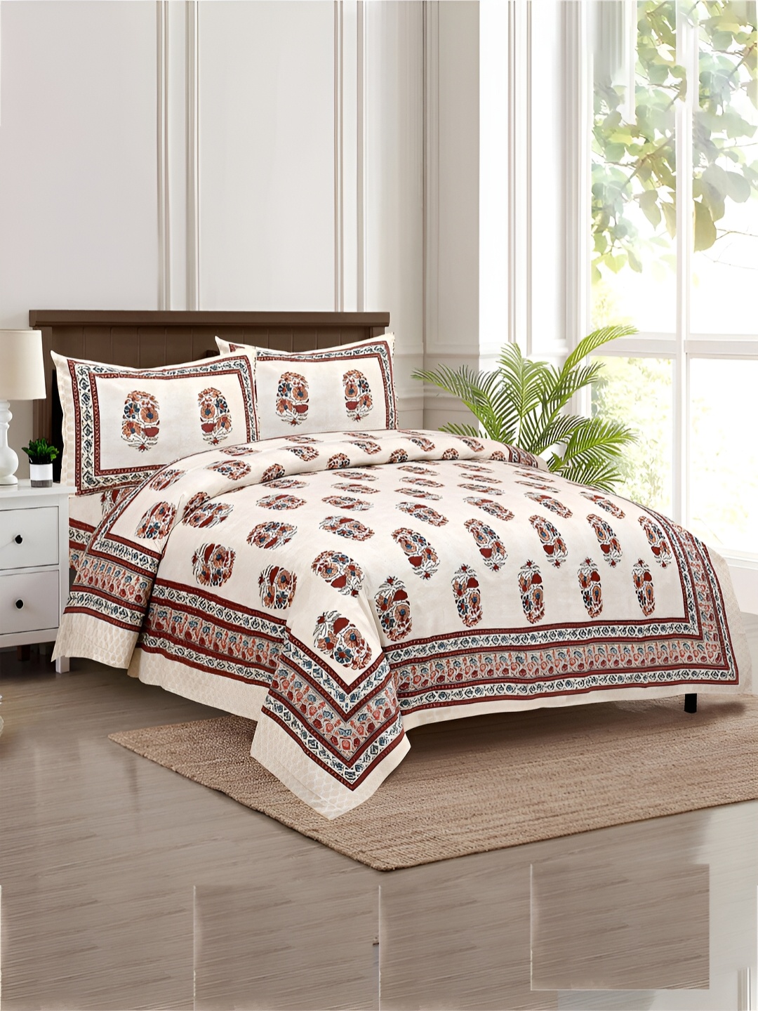 

Kuber Industries Cream & Brown Cotton Floral 160 TC King Bedsheet with 2 Pillow Covers