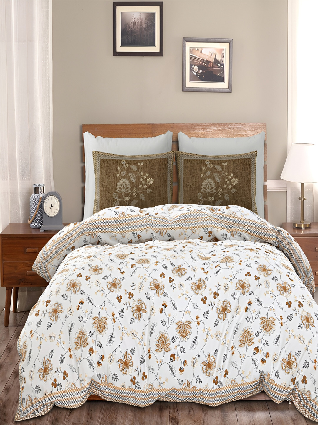 

Kuber Industries Brown & White Cotton Floral 160 TC King Bedsheet with 2 Pillow Covers