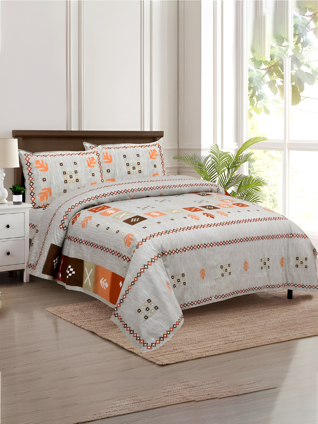 

Kuber Industries Green & Orange Graphic 160 TC Cotton King Bedsheet with 2 Pillow Covers