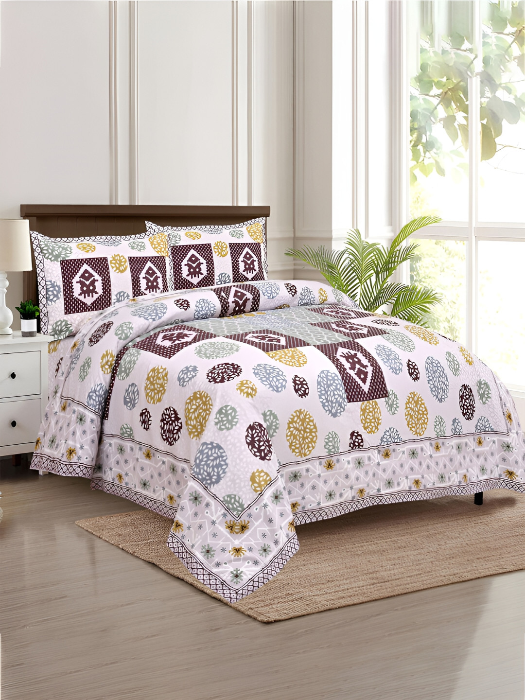 

Kuber Industries Purple & White Graphic 160 TC Cotton King Bedsheet with 2 Pillow Covers